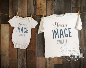 Download Blank White Baby Onepiece T Shirt Mockup Fashion Design Stock Photography Matching 2 Shirts Mock Up Wood Background Jpg Download Packaging Mockups PSD Mockup Templates