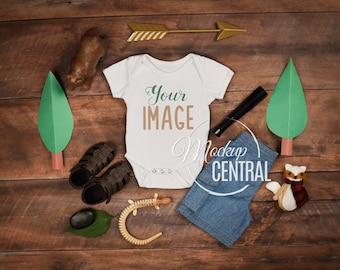 Download Free Baby Blank White Onepiece Country Rustic Mockup, Design Styled Stock Photography, Baby Mock Up - Flat, Top View, Wood Background - JPG File PSD Template