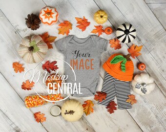 Download Free Blank Gray Baby Fall One Piece Body Suit Mockup, Halloween Styled Stock Photography Mock up, Flat Top View on Wood Background, JPG Download PSD Template