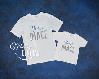 Download Free Father's Day Matching Blank White T-Shirt Toddler Youth Shirt Mockup, Styled Stock Photography, JPG Mock Up Shirts, Top View Background PSD Template