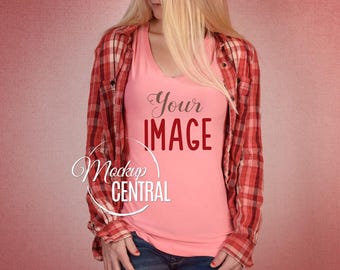 Download Free Blank Women's Pink Hip T-Shirt Apparel Mockup, Fashion Design Styled Stock Photography, Girl's Mock Up Shirt, Pink Background, JPG Download PSD Template
