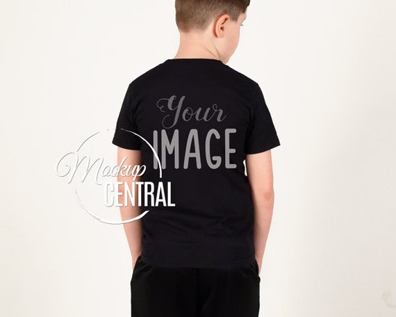 Child T-Shirt Blank Black Apparel Mockup Back View Styled