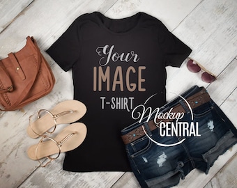 Download Free Blank Woman's Black T-Shirt Apparel Mockup, Fashion JPG Styled Stock Photography, Summer Flat Top View Mock Up Shirt on Wood Background PSD Template