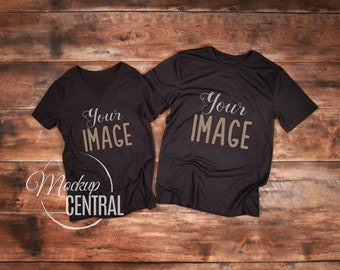 Download Matching Couple Twin Blank Black T Shirts Clothing Mockup Stock Photography V Neck Mock Up Shirt Top View Wood Background Jpg Template Best Free Psd Mockups PSD Mockup Templates