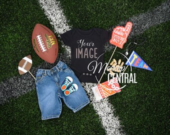 Download Free Blank Baby Black Onepiece Mockup, Sport Football Team Styled Stock Photography, Mock Up - Flat, Top View on Field Background - JPG Download PSD Template