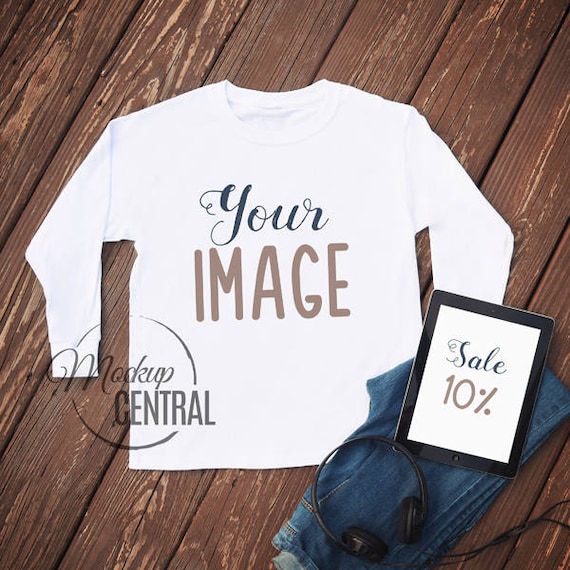 Blank Long Sleeve White T-Shirt Apparel Mockup With Tablet Blank Long Sleeve White T-Shirt Apparel Mockup With Tablet