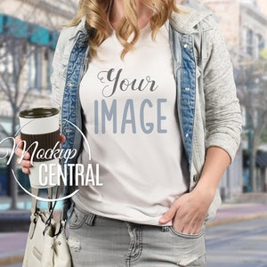 Woman's Urban T-Shirt Mockup in City, Girl's Styled Fashion Stock Photography on Model, Mock Up Shirt Photo Background, Women's TShirt