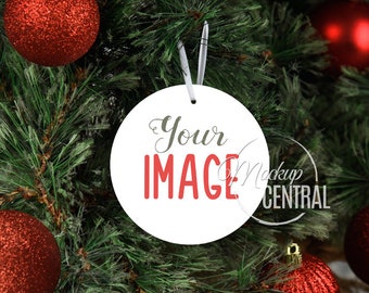 Blank White Round Christmas Ornament Mockup - Stock Photography Template, Ornament Graphic Design Mock Up, Transparent PNG Digital Download