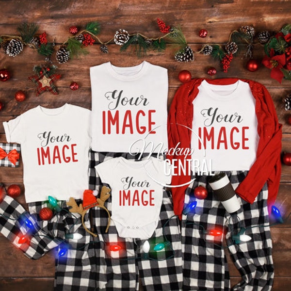 Christmas Family T-Shirt Mockup Photo, Blank White Styled Stock Photography, Christmas Mock Up Shirts, Top View Flat Lay, JPG Template
