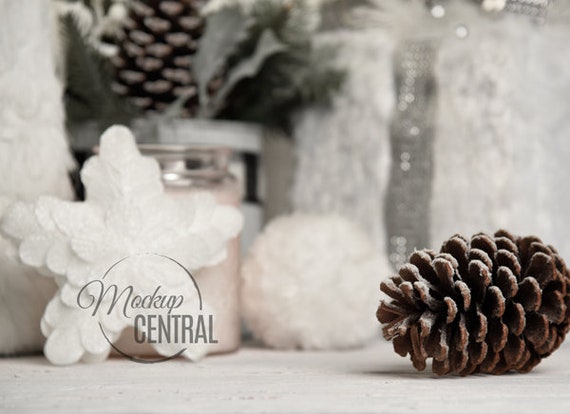 White Christmas Table Product Background Mockup - Styled Stock Photography, Winter Photo Graphic Design Mock Up, JPG Digital Download
