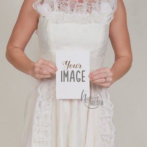 Vintage Bride Holding Blank White Wedding Invitation Mockup Design, Stock Photo Mock Up, 5x7 Stationery Template - JPG Digital Download