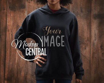 African American Blank Women's Black Hoodie Shirt Apparel Mockup, Fashion Styled Stock Photography, Girl's Mock Up Sweatshirt, JPG Download