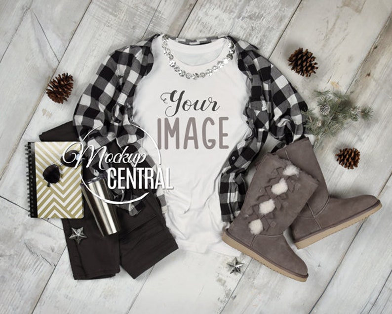 Women's Crew Neck Blank White T-Shirt Apparel Winter Mockup Top View, Fashion Styled Christmas Mock Up Plaid Shirt Photography, JPG Download