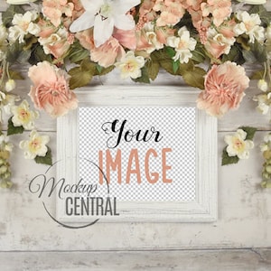 Wedding Flower Sign Frame Mockup, Vintage Blank Rustic Flower Wreath Stock Photo Display - Wood Background, Photo Mock Up - 8 x 10 JPG Frame