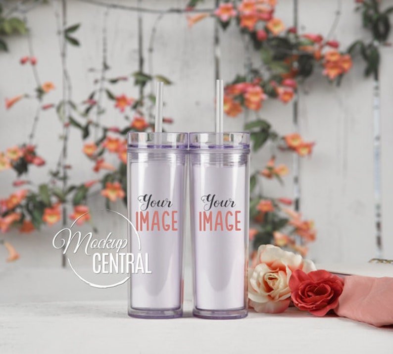 16 oz Cup Mockup Stock Photography on Wood Tabletop JPG Digital Download Clear Blank Tall Skinny Tumblers Set Mock Up Photo for Couple