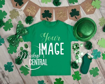 Crew Neck Blank Green T-Shirt Apparel St. Patrick's Day Mockup Top View, Fashion Stock Photography, Mock Up Shirt Background, JPG Download