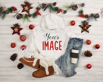 Women's White Hoodie Christmas Mockup, Styled Stock Apparel Photography, Girl's Mock Up Sweater Hooded Shirt, Wood Background, JPG Download