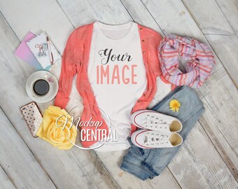 Women's Crew Neck Blank White T-Shirt Apparel Spring Mockup Top View, Fashion Styled Easter Mock Up Shirt Photography, JPG Download