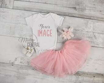 Blank White Baby Onepiece Mockup, Fashion Design Styled Stock Photography, Baby Mock Up, Flat Top View on Wood Background - JPG Download