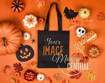 Blank Black Canvas Tote Bag Mockup, Fall Halloween Trick or Treat Shopping Bag Mock Up, Styled Stock Photography Mockup JPG Digital Download