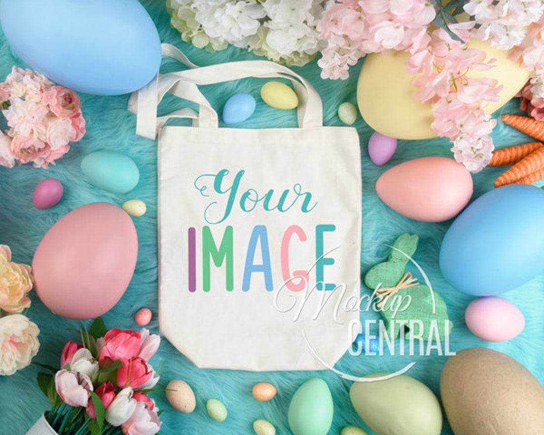 Easter Egg Canvas Tote Bag Mockup, Children's Easter Bag Mockup Flatlay