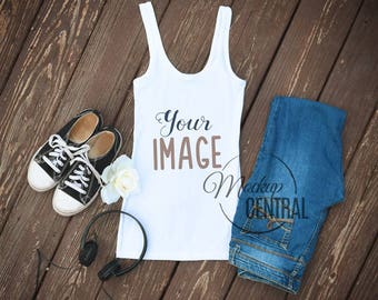 Blank White Tank Top Apparel Mockup, Fashion Design Styled Stock Photography, Flat Mock Up Shirt, Top View on Wood Background - JPG Download
