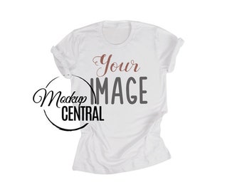Leere weiße Bella Leinwand Unisex Jersey Kurzarm T-Shirt Mockup, Shirt flach legen auf weiß, Bekleidung Mockup, gestylt Stock Fotografie JPG