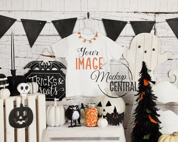 Blank White Youth Halloween T-Shirt Apparel Mockup on Hanger, Fall Styled Stock Photography, Mock Up Shirt, Wood Background, JPG Download
