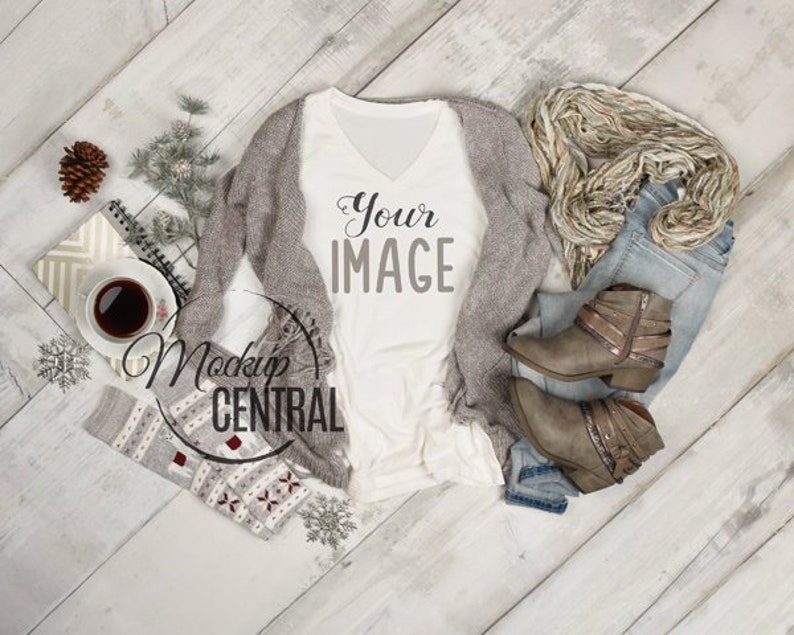 Download Women's V-Neck Blank White T-Shirt Apparel Winter Mockup ...