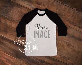 Blank White and Black Baseball T-Shirt Apparel Mockup, Fashion Design JPG Stock Photography, Flat Mock Up Shirt, Top View on Wood Background