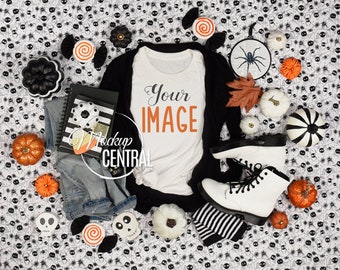 Woman's Halloween T-Shirt Apparel Mockup, Spooky, Fall Styled Stock Photography, Blank White Top View Mock Up Shirt, JPG Download
