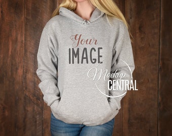 Blank Women's Gray Hoodie Shirt Apparel Mockup, Fashion Styled Stock Photography, Girl's Mock Up Sweater, Wood Background, JPG Download