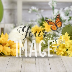 May include: A white wooden table with yellow flowers and a butterfly. The text "Your Image" is superimposed on the table.