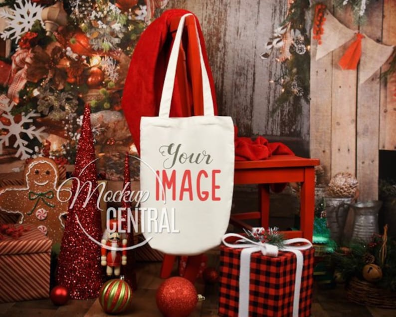 Download Blank White Christmas Canvas Tote Bag Mockup Rustic ...