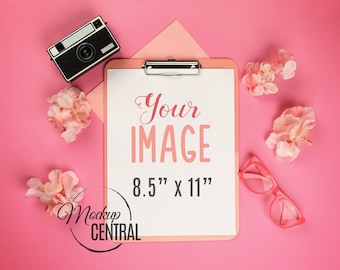 Pretty Pink Blank White Letter Clipboard Mockup Design, Styled Stock Flat Lay Photo Mock Up, Office Stationery Template - Digital JPG