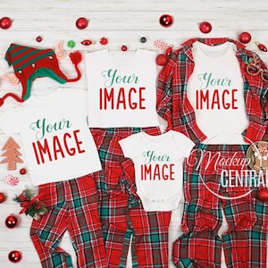 Christmas Family T-Shirt Mockup Photo, Blank White Styled Stock Photography, Christmas Mock Up Shirts, Top View Flat Lay, JPG Template