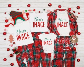 Christmas Family T-Shirt Mockup Photo, Blank White Styled Stock Photography, Christmas Mock Up Shirts, Top View Flat Lay, JPG Template