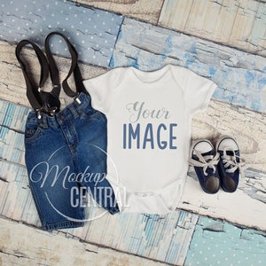 Blank White Baby Onepiece Mockup, Fashion Design Styled Stock Photography, Baby Mock up Flat, Top View on Wood Background JPG Download image 1