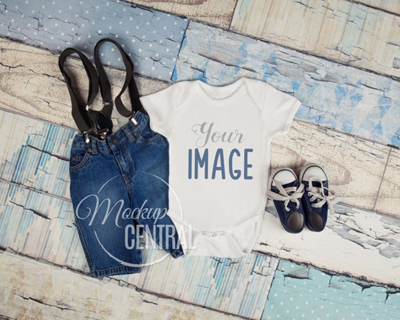 Blank White Baby Onepiece Mockup, Fashion Design Styled Stock Photography, Baby Mock up Flat, Top View on Wood Background JPG Download image 1