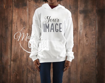 African American Blank Women's White Hoodie Shirt Apparel Mockup, Fashion Styled Stock Photography, Girl's Mock Up Sweatshirt, JPG Download