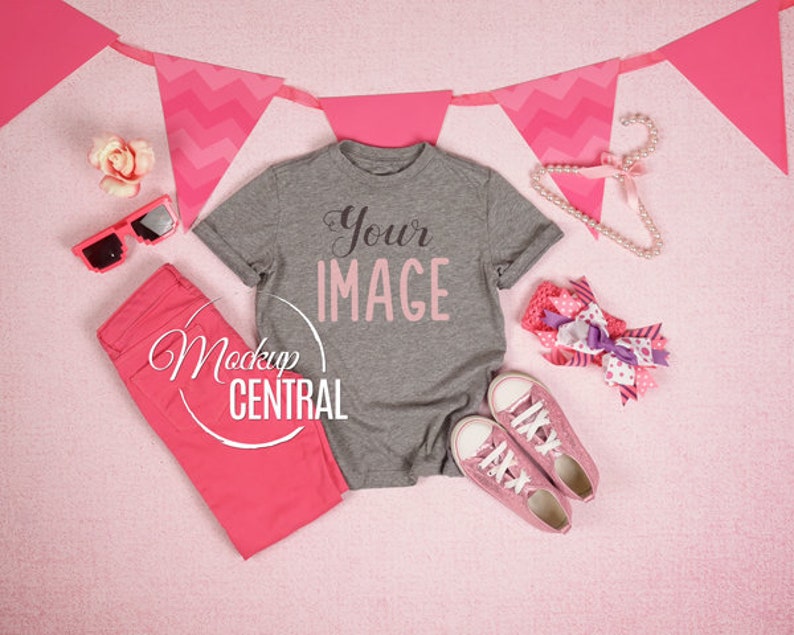 Download Blank Girl's Gray T-Shirt Mockup Children's Pink | Etsy