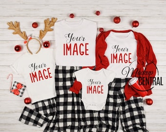 Christmas Family T-Shirt Mockup Photo, Blank White Styled Stock Photography, Christmas Mock Up Shirts, Top View Flat Lay, JPG Template