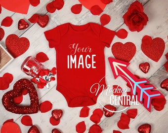 Blank Red Baby Christmas Bodysuit Mockup, Infant One Piece Stock Photography Mock up Clothes, Flat Top View, Valentine Background, JPG