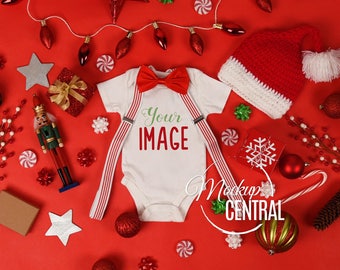 Blank Baby Christmas White Bodysuit Mockup, Infant One Piece Stock Photography Mock up, Flat Top View on Red Background, JPG Download