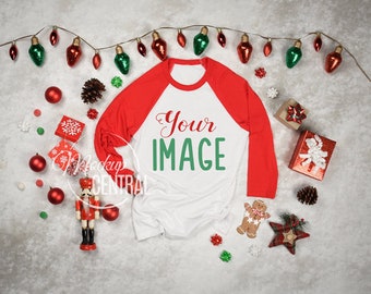 Blank Reglan White and Red Top View Christmas Baseball T-Shirt Flat Lay Mockup, Styled Stock Photography, Mock Up Shirt Background, JPG