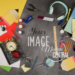 Back to School Teacher Education Photo Background - Ad Mockup Stock Photography, School Supplies Design, Top View Flatlay, JPG Download