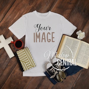 Blank White T-Shirt Apparel Mockup, Religious, Christian, Bible Clothing Styled Stock Photography, Top View Flat Mock Up Shirt, JPG Download