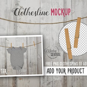 Peut inclure: Un body gris suspendu à une corde à linge avec des pinces à linge en bois sur un fond de bois blanc. Le texte "Clothesline MOCKUP" est en haut de l'image. Le texte "FREE PNG CLOTHESPIN TO ADD" et "ADD YOUR PRODUCT" sont en bas de l'image.