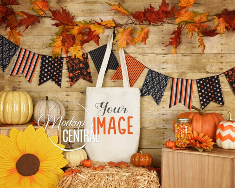 White Canvas Tote Bag Mockup Fall Halloween Blank Shopping Bag Mock Up JPG Digital Download Styled Stock Photography Mockup