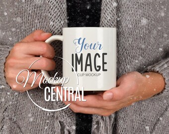 Blanco blanco taza de vidrio Mockup - Navidad Stock Fotografía, Taza de invierno Foto gráfico Diseño Mock Up, JPG Digital Descargar